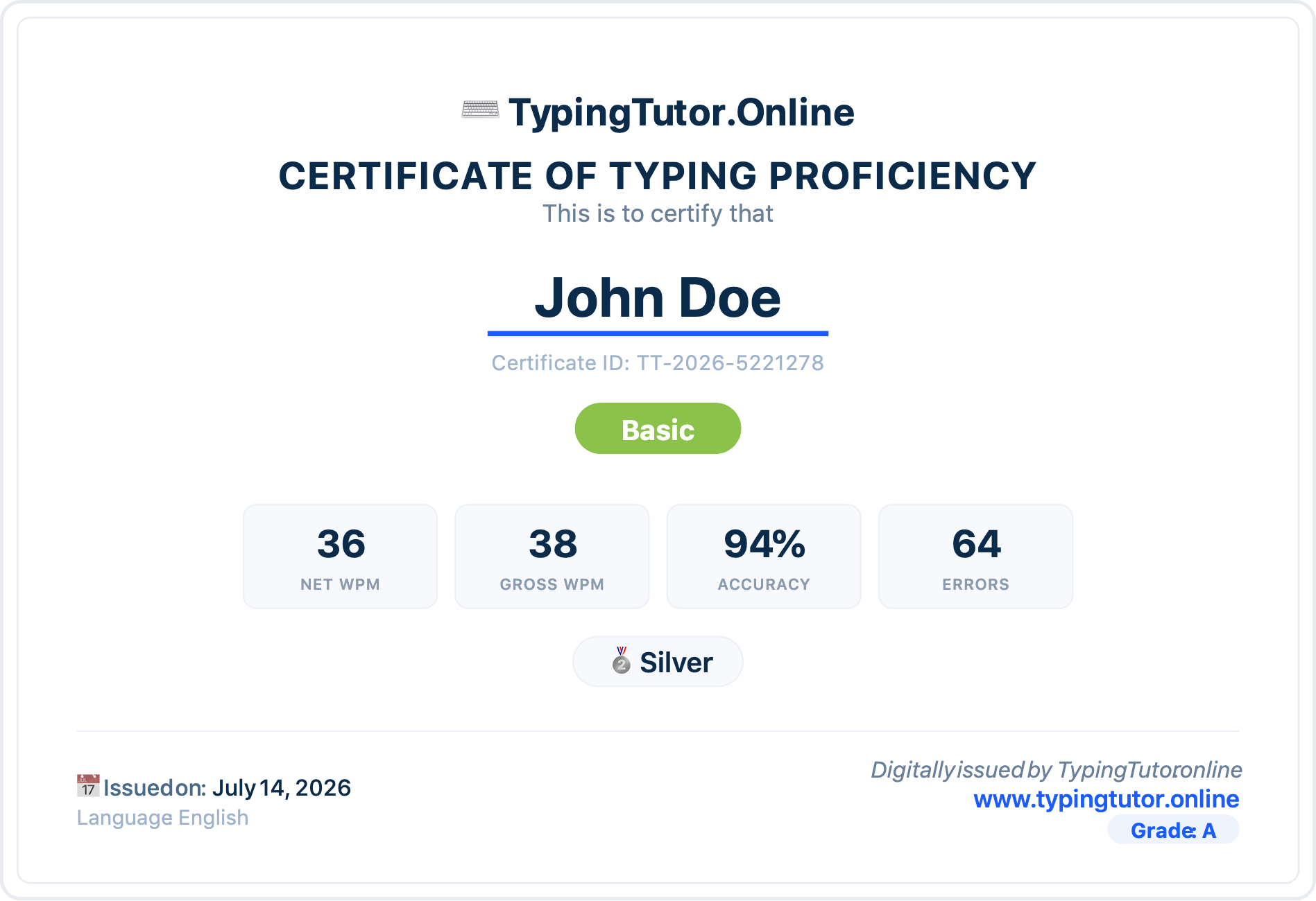 Typing Test Speed Certificate by typingtutor.online