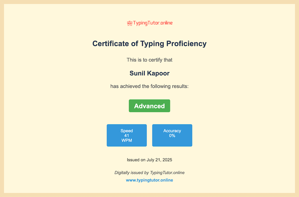 Free Typing Test Certificate by typingtutor.online