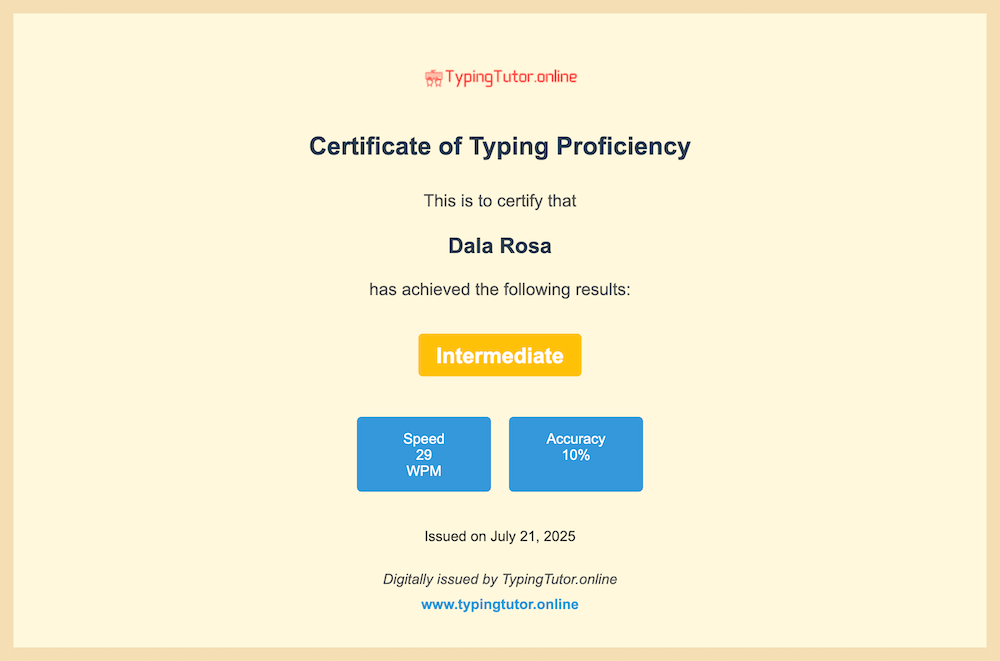 Typing speed test certificate by typingtutor.online