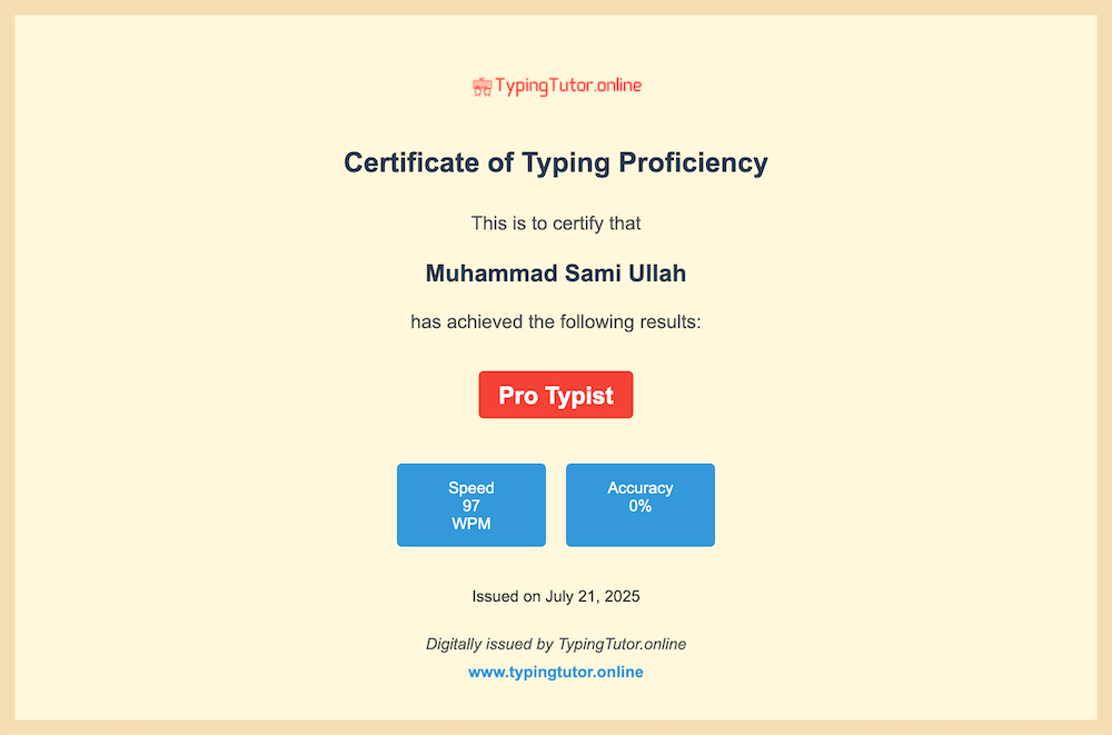 Typing Test Speed Certificate by typingtutor.online