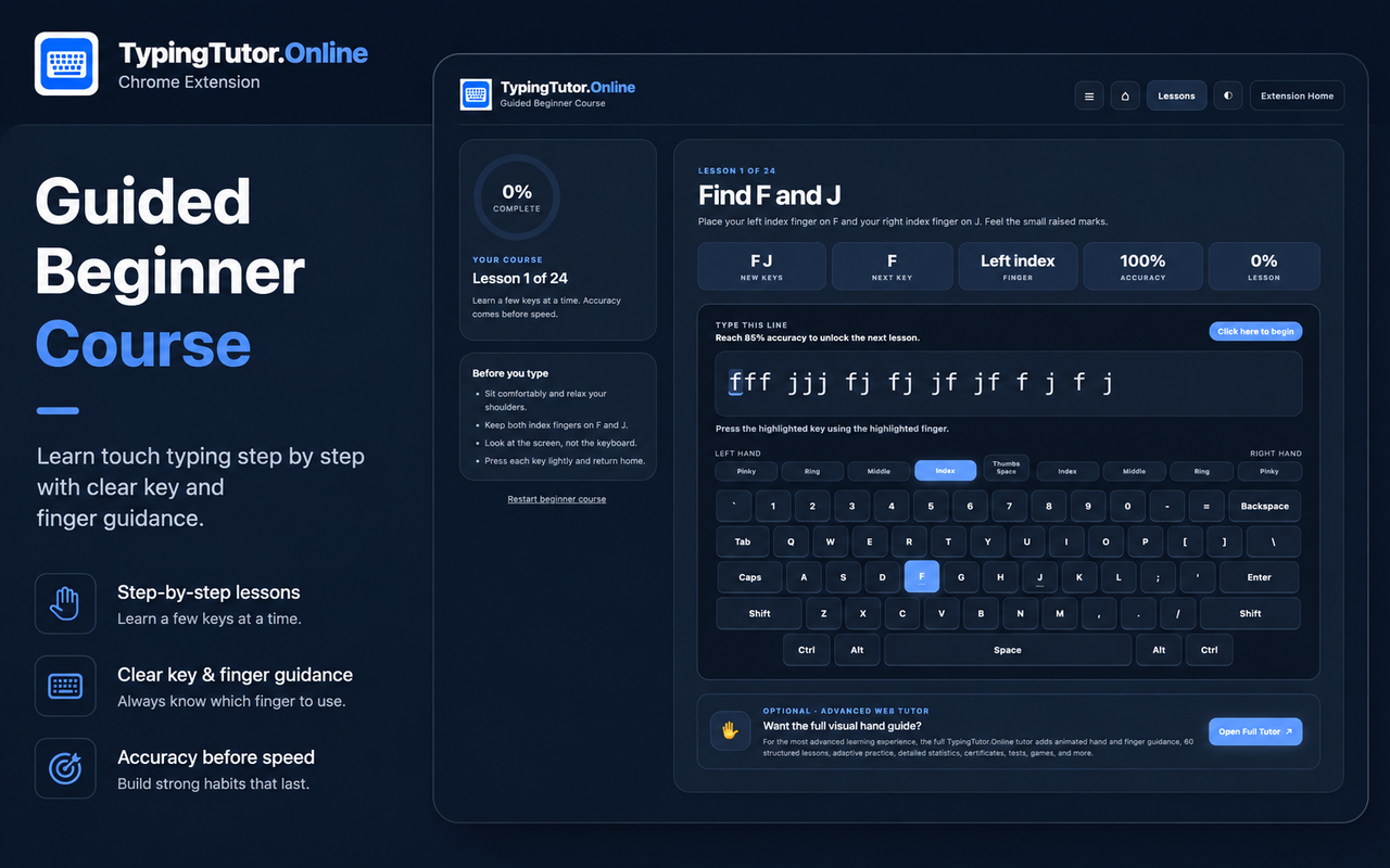 Guided beginner typing course in the Chrome extension