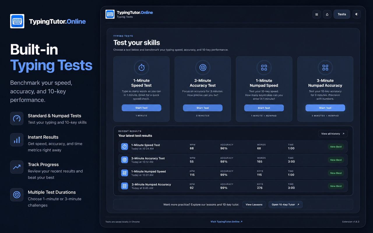 Built-in typing tests in TypingTutor.Online Chrome extension