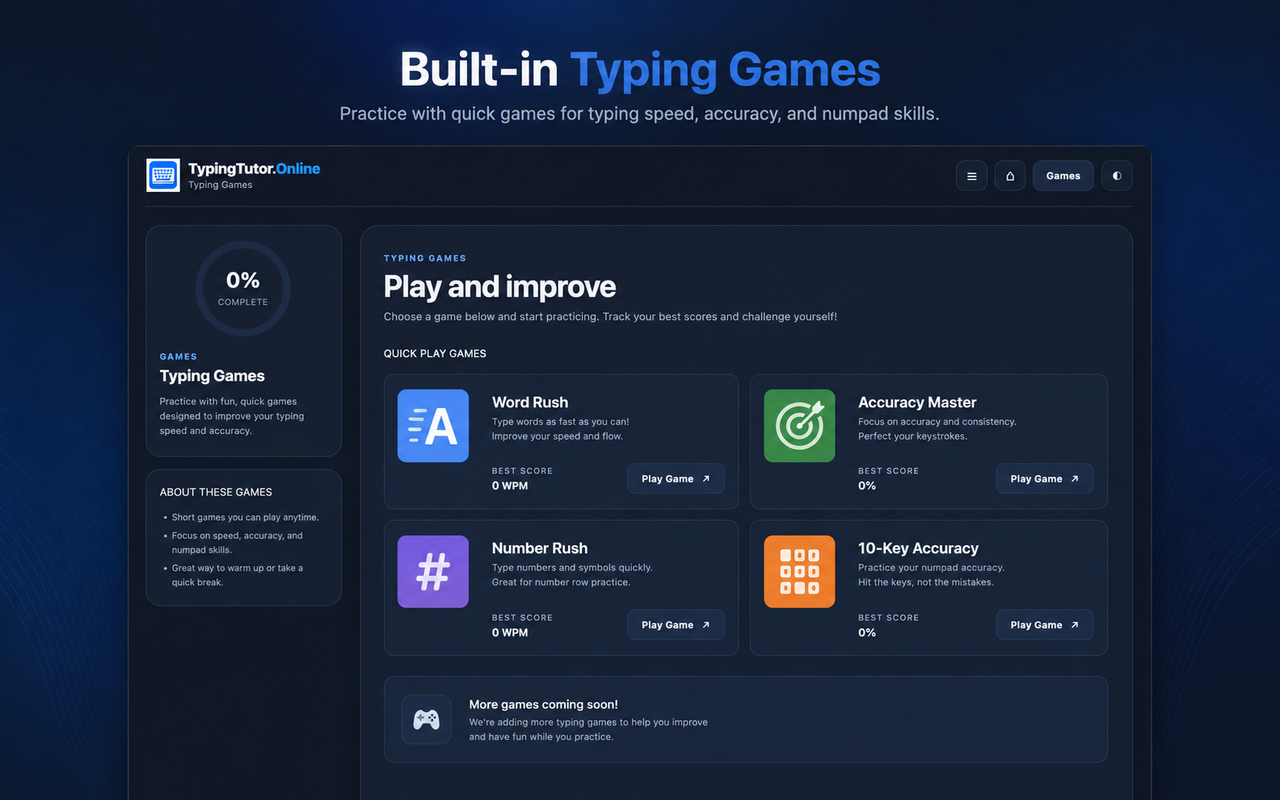 Built-in typing games in TypingTutor.Online Chrome extension