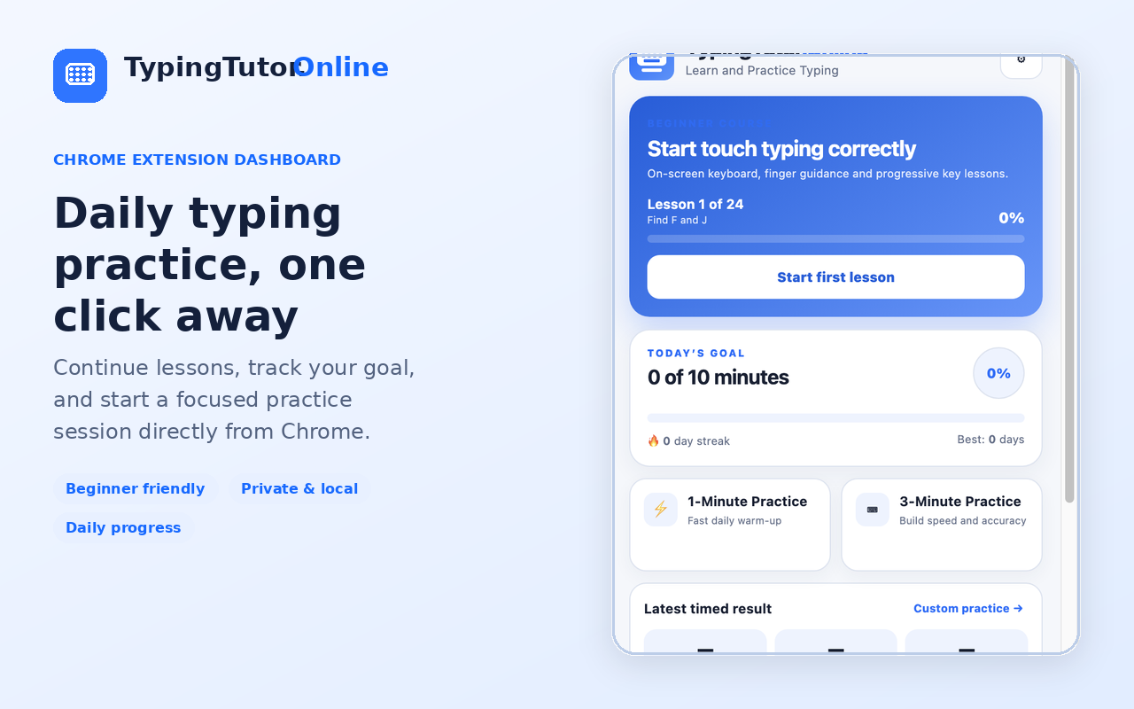 TypingTutor.Online Chrome extension dashboard showing a beginner lesson, daily goal, streak, and quick practice options