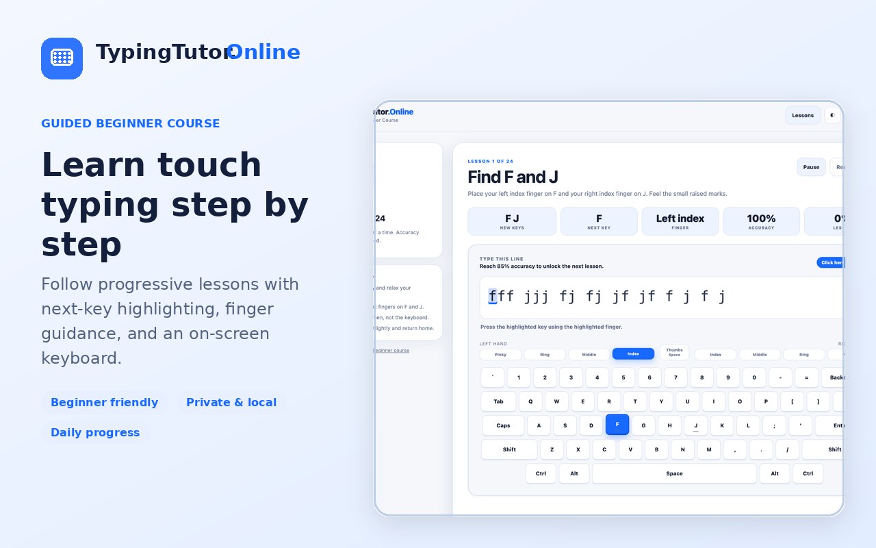 Guided beginner course with on-screen keyboard and finger guidance