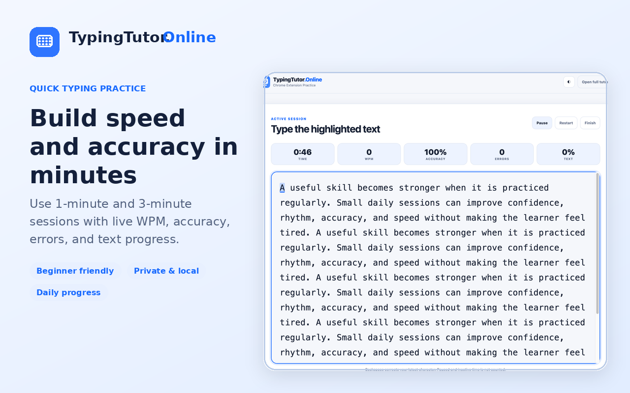 Quick typing practice with WPM, accuracy, errors and timer