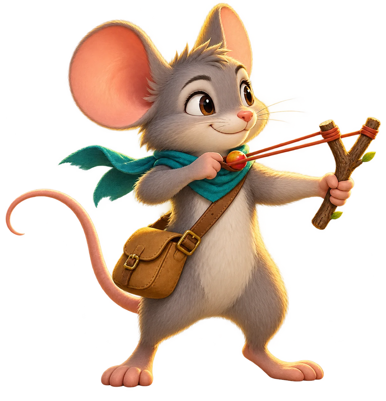 A brave grey mouse with a teal scarf and a fruit launcher