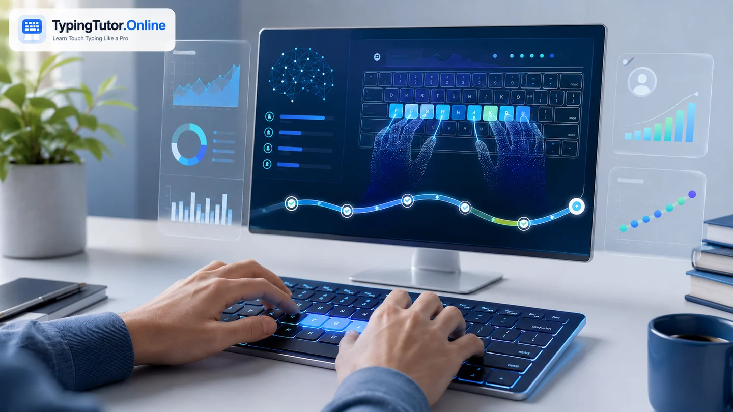 TypingTutor.Online adaptive touch typing dashboard with keyboard guidance and progress analytics