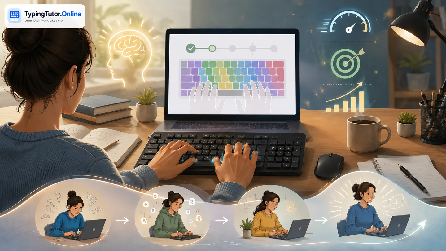 TypingTutor.Online learner moving from beginner keyboard practice toward speed, accuracy, and confidence