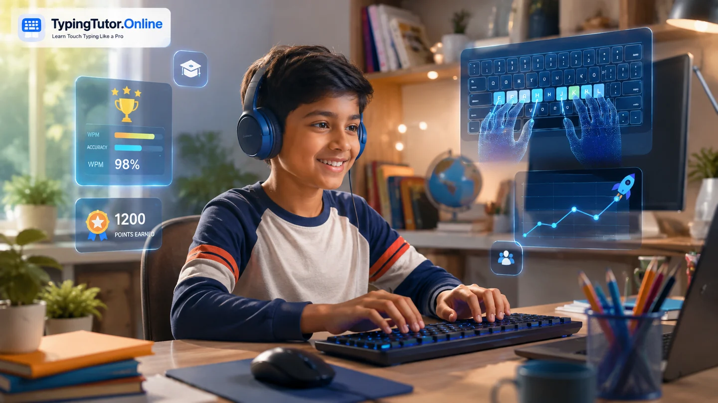 TypingTutor.Online child learning touch typing with keyboard guidance, progress, points, and a friendly study environment