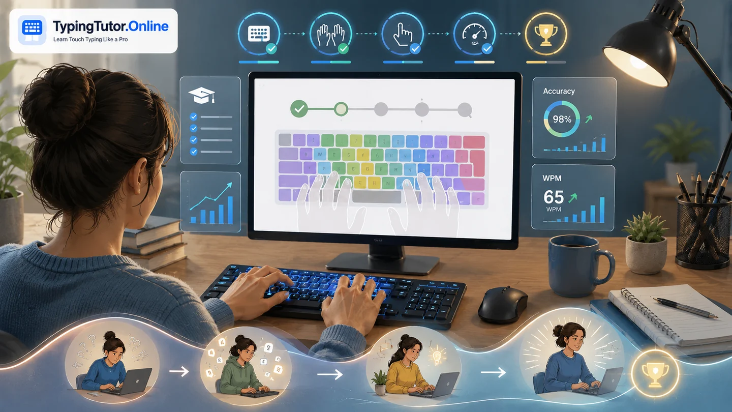 TypingTutor.Online structured touch typing course showing keyboard lessons, progress, accuracy, WPM, and mastery stages