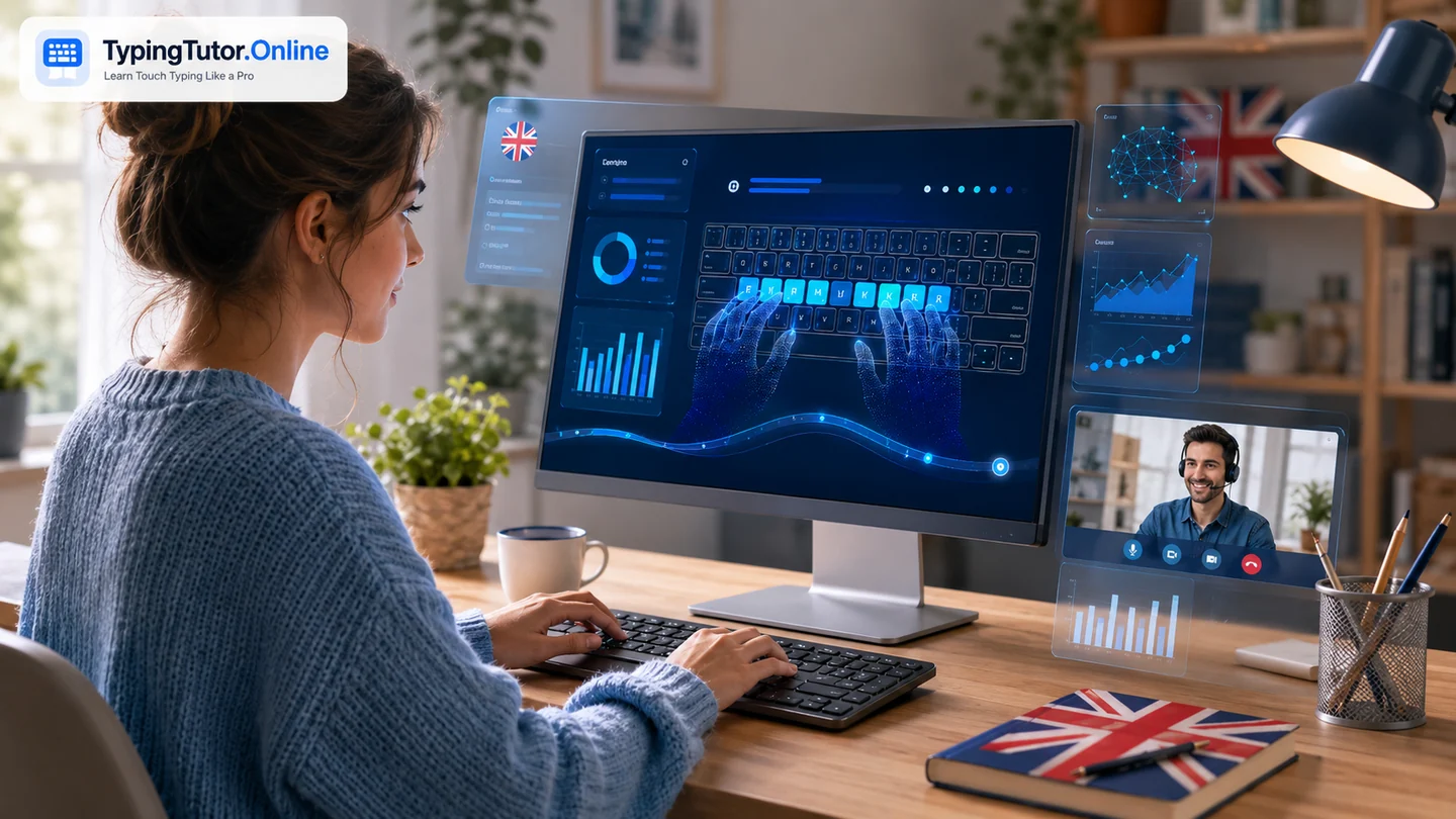 TypingTutor.Online touch typing learner in the UK using online keyboard lessons and progress guidance