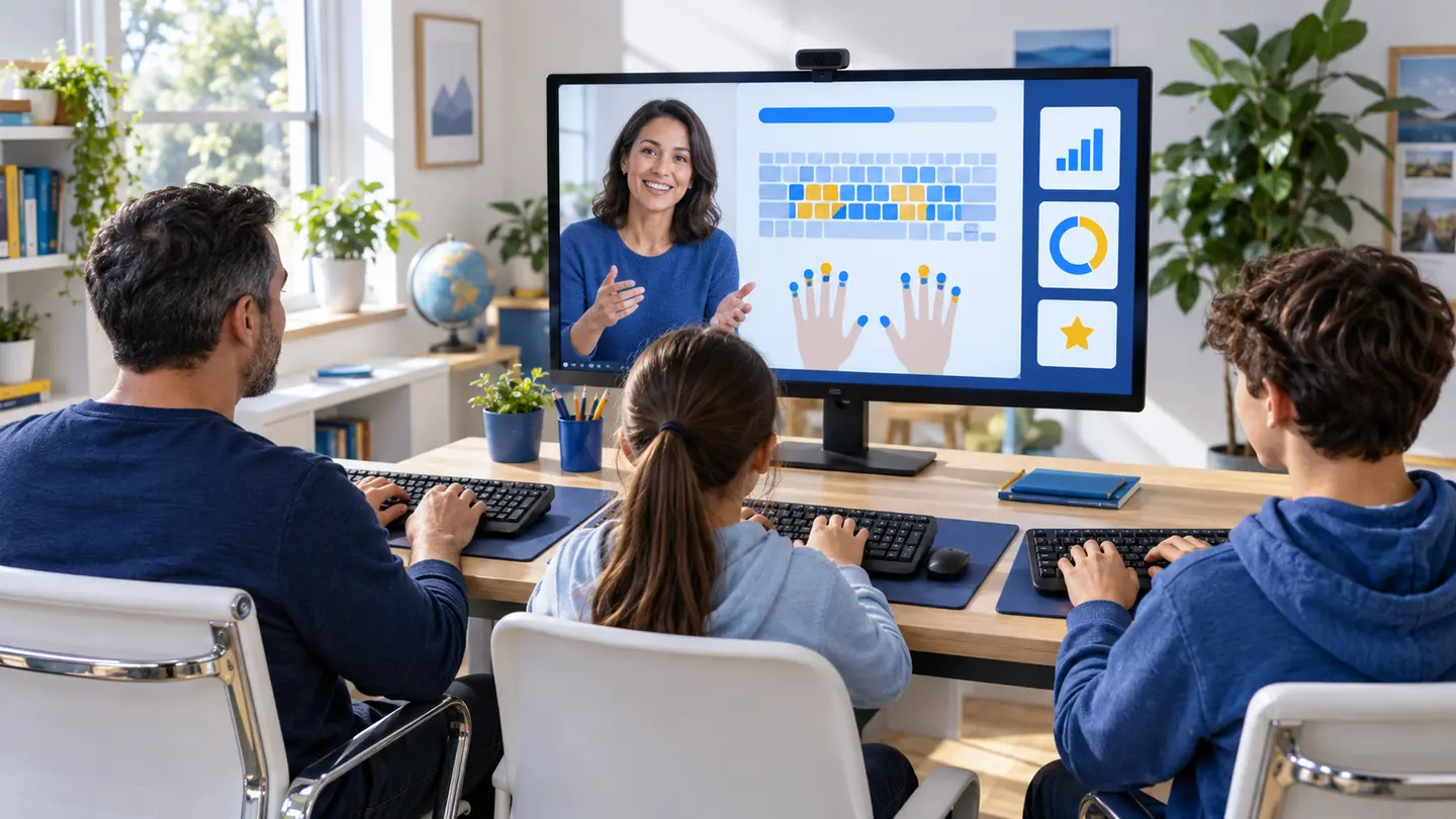 Children, a teenager and an adult learning keyboard skills in an online typing class