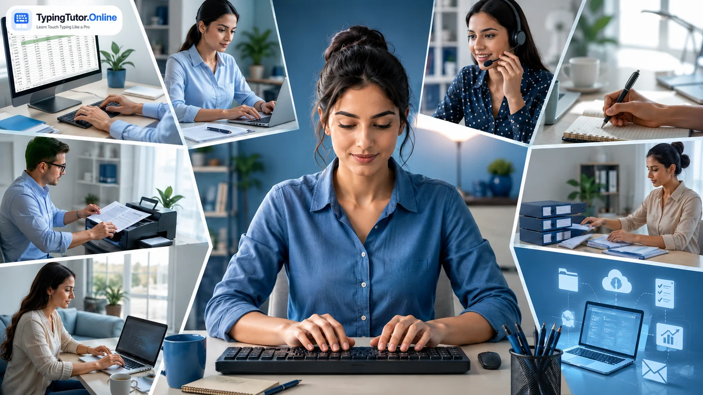 TypingTutor.Online collage of office, data entry, customer support, writing, records, and remote typing work
