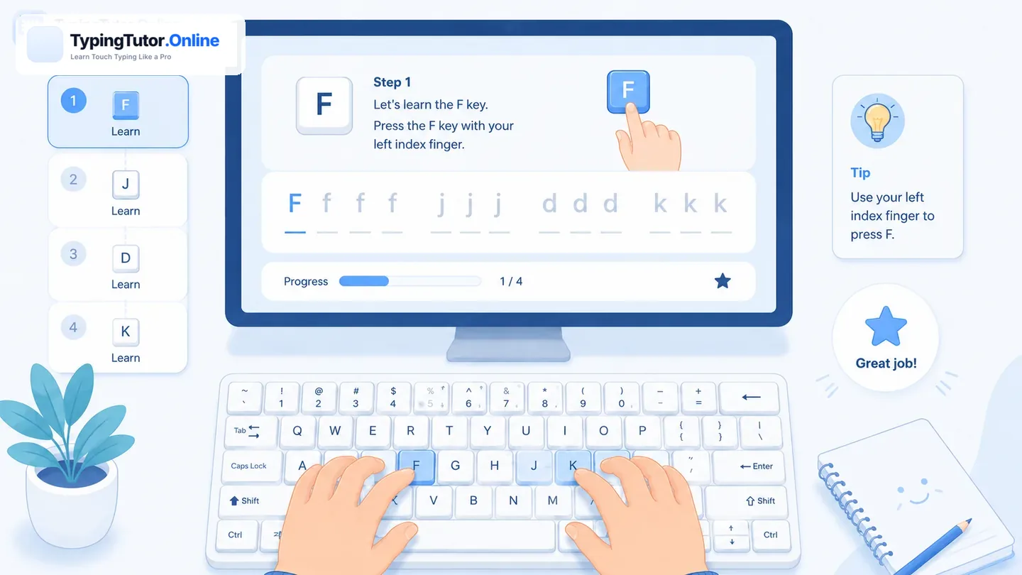 Beginner typing lesson showing guided F key practice and finger guidance