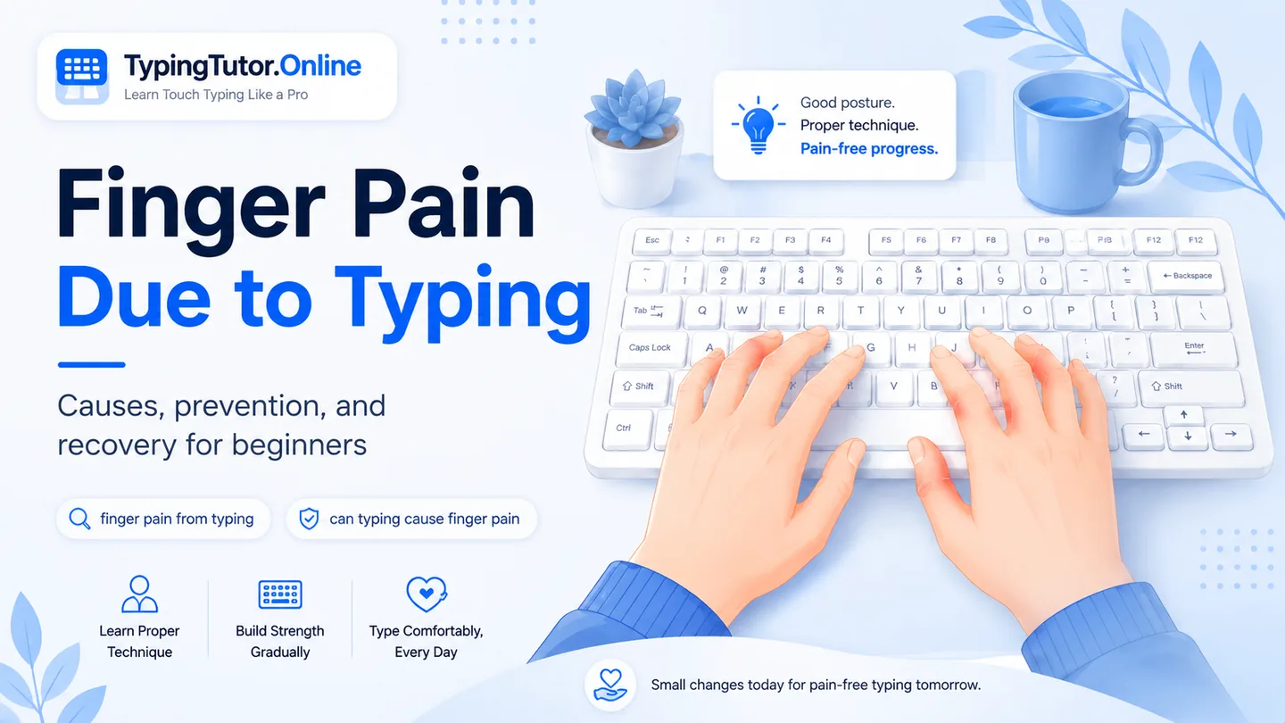 TypingTutor.Online guide about finger pain from typing with hands positioned over a keyboard and comfort-focused typing advice