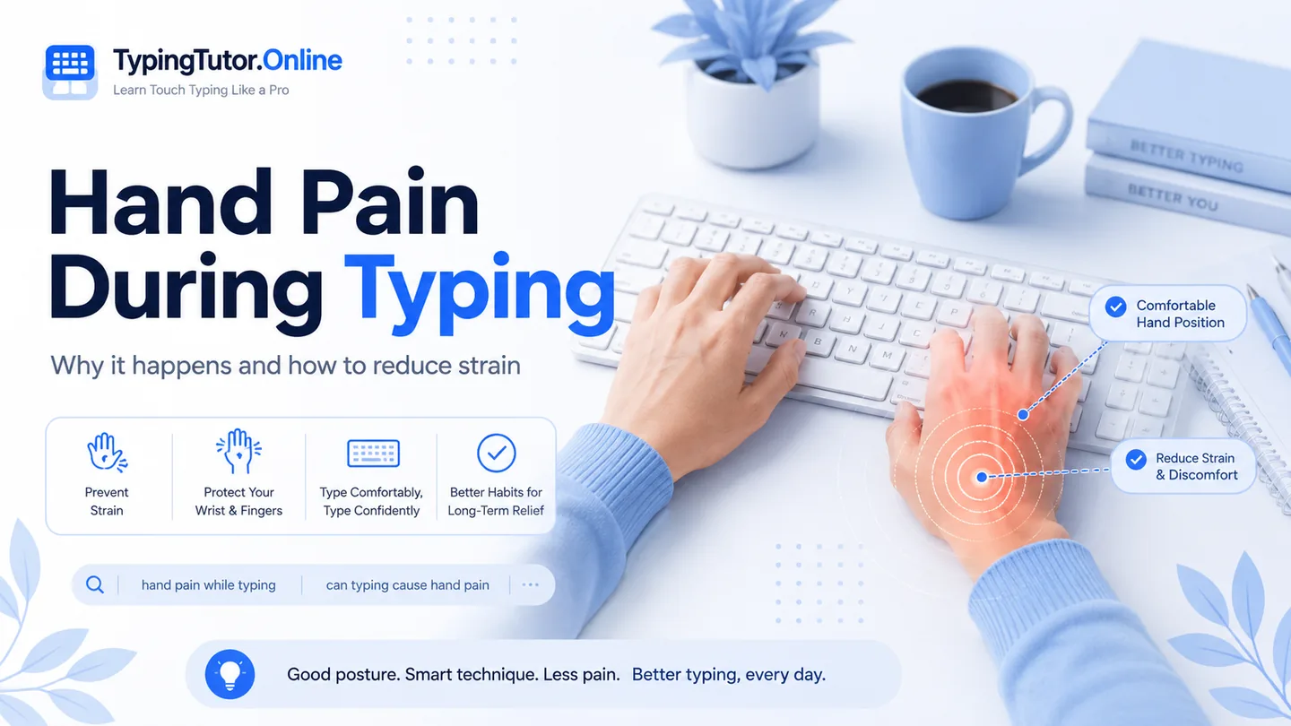 TypingTutor.Online hand pain during typing guide showing a hand over a keyboard with a highlighted discomfort area