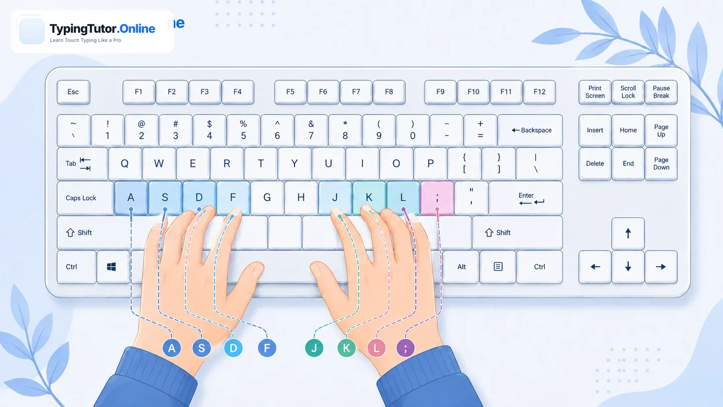 Touch typing home-row finger placement showing A S D F and J K L semicolon