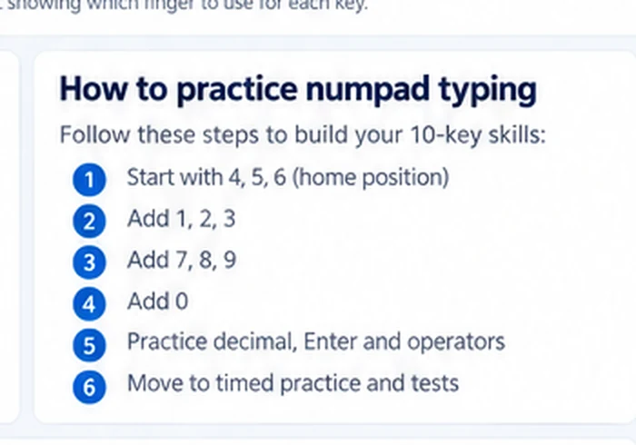 Step by step 10 key typing practice plan starting with 4 5 6 and progressing to full numpad tests
