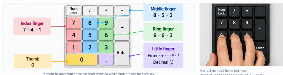 Numeric keypad finger position chart showing index finger for 1 4 7, middle finger for 2 5 8, ring finger for 3 6 9, thumb for 0 and little finger for Enter and operators