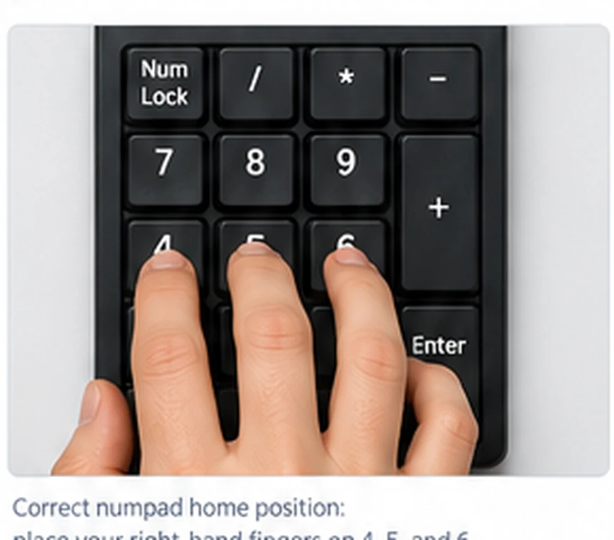 Correct numpad hand position with the right hand resting on the 4 5 and 6 home keys