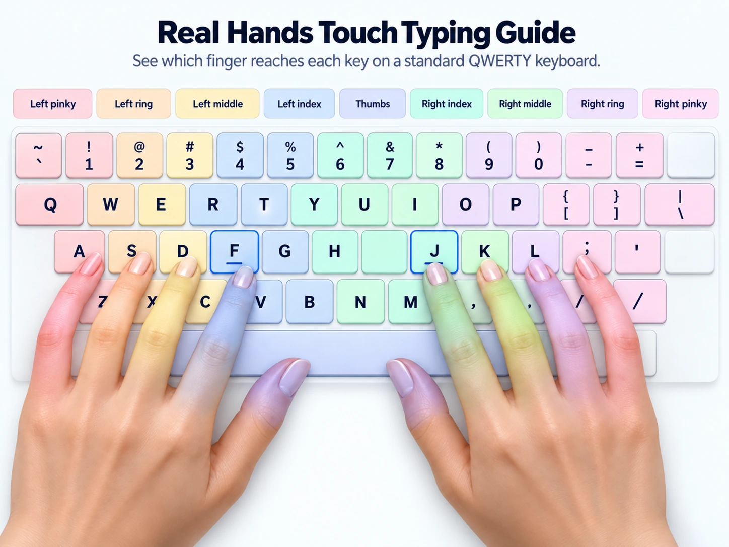 Illustrated realistic hands on a color-coded QWERTY keyboard, with left fingers on A S D F and right fingers on J K L semicolon, showing home-row typing positions