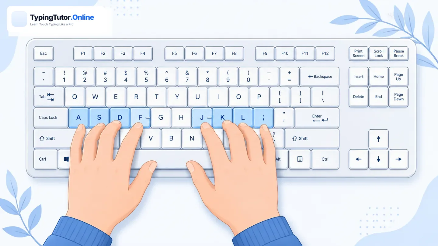 Left hand typing practice showing correct finger positions on the keyboard