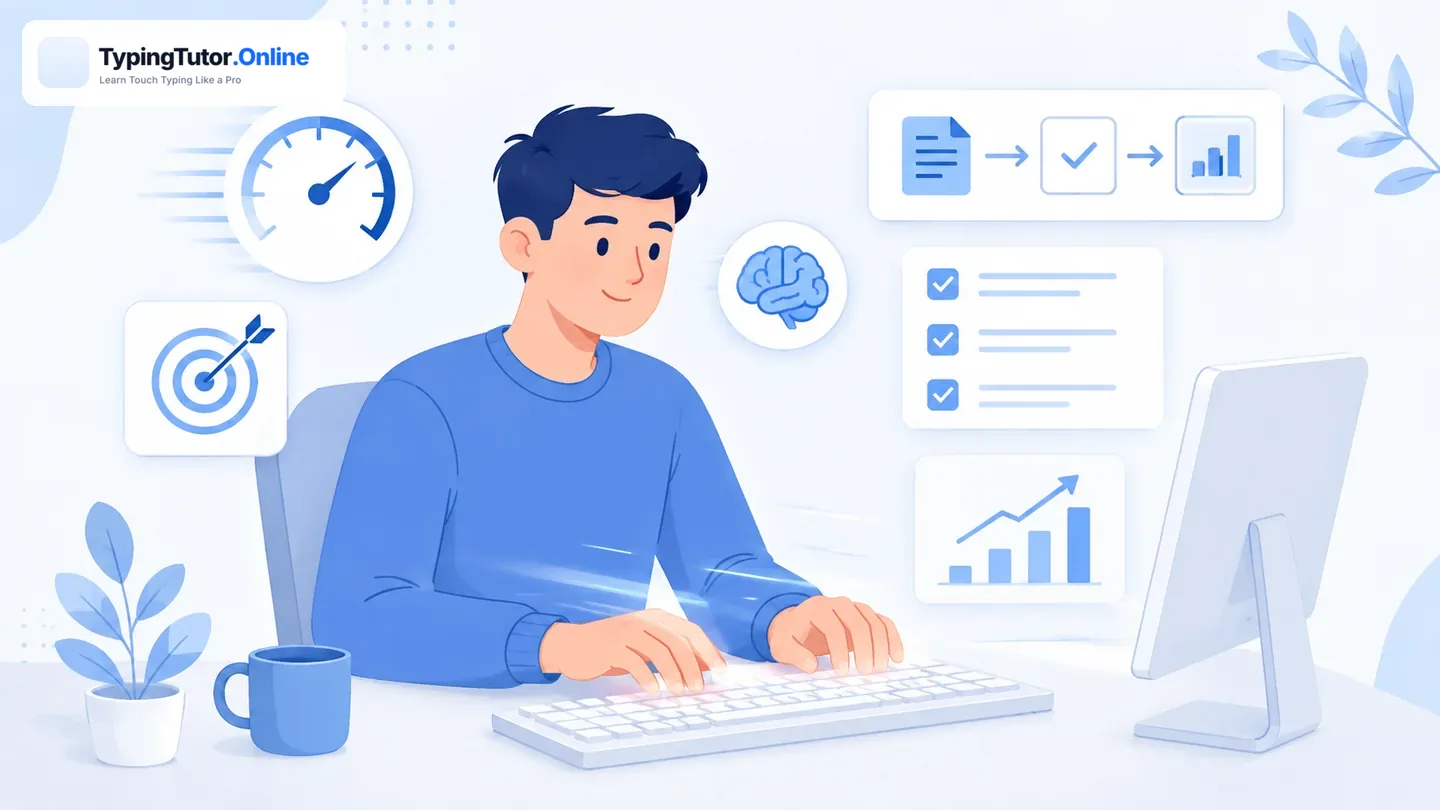 Touch typist working efficiently with focus speed and progress icons