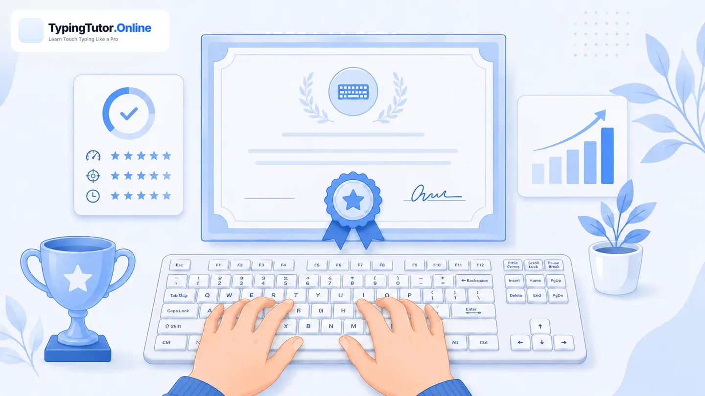 Typing certificate achievement with keyboard progress and performance chart