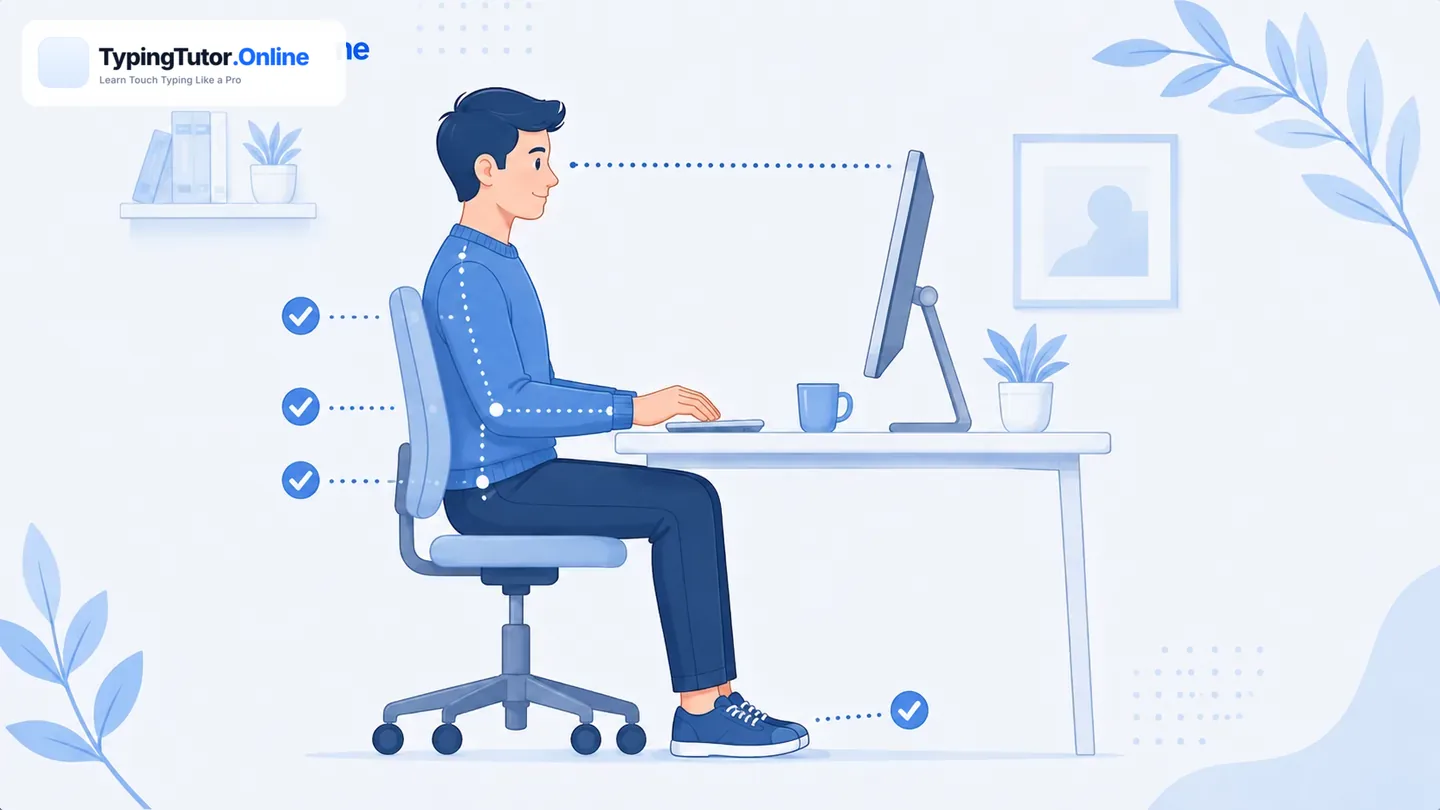Typing posture guide showing relaxed shoulders neutral wrists and screen at eye level