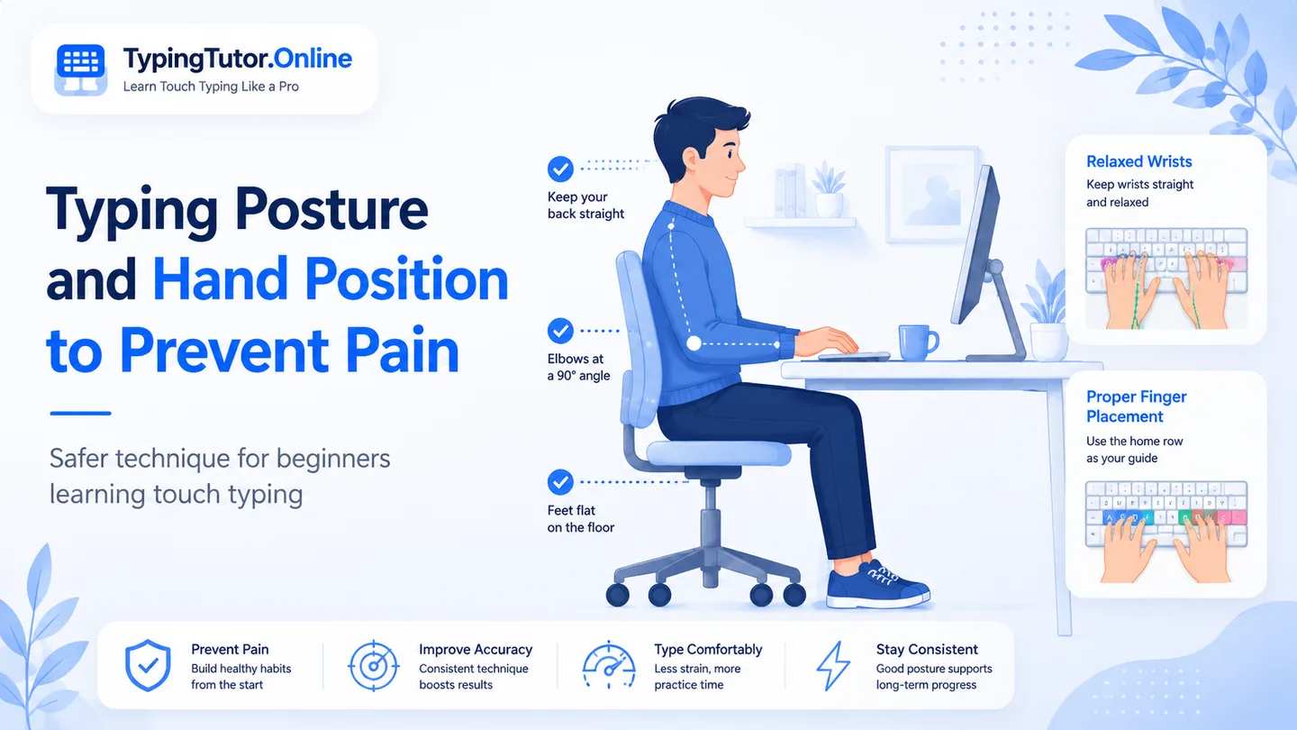 TypingTutor.Online posture guide showing a seated typist with neutral wrists, relaxed shoulders and correct keyboard position