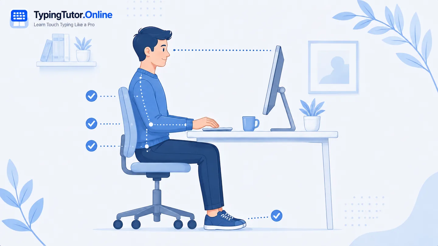 TypingTutor.Online ergonomic typing practice illustration showing a relaxed learner taking care of hand comfort during practice