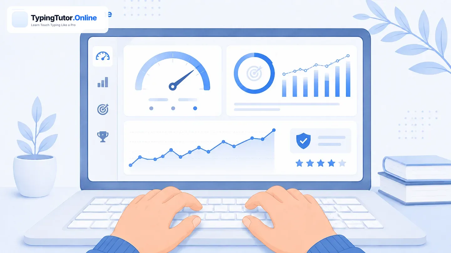Typing progress dashboard with speed accuracy targets and trend charts
