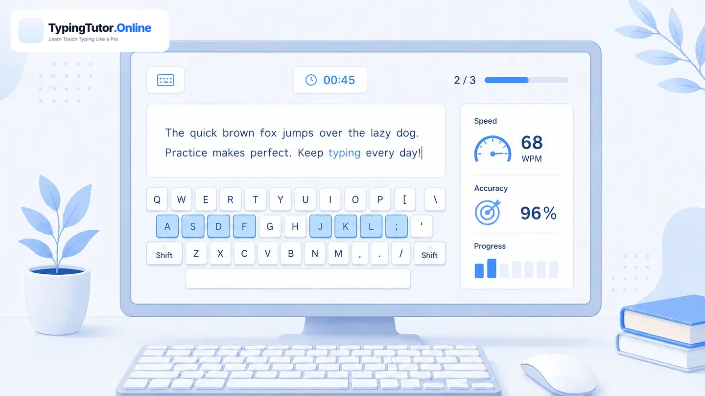 Typing test screen showing WPM accuracy timer and progress
