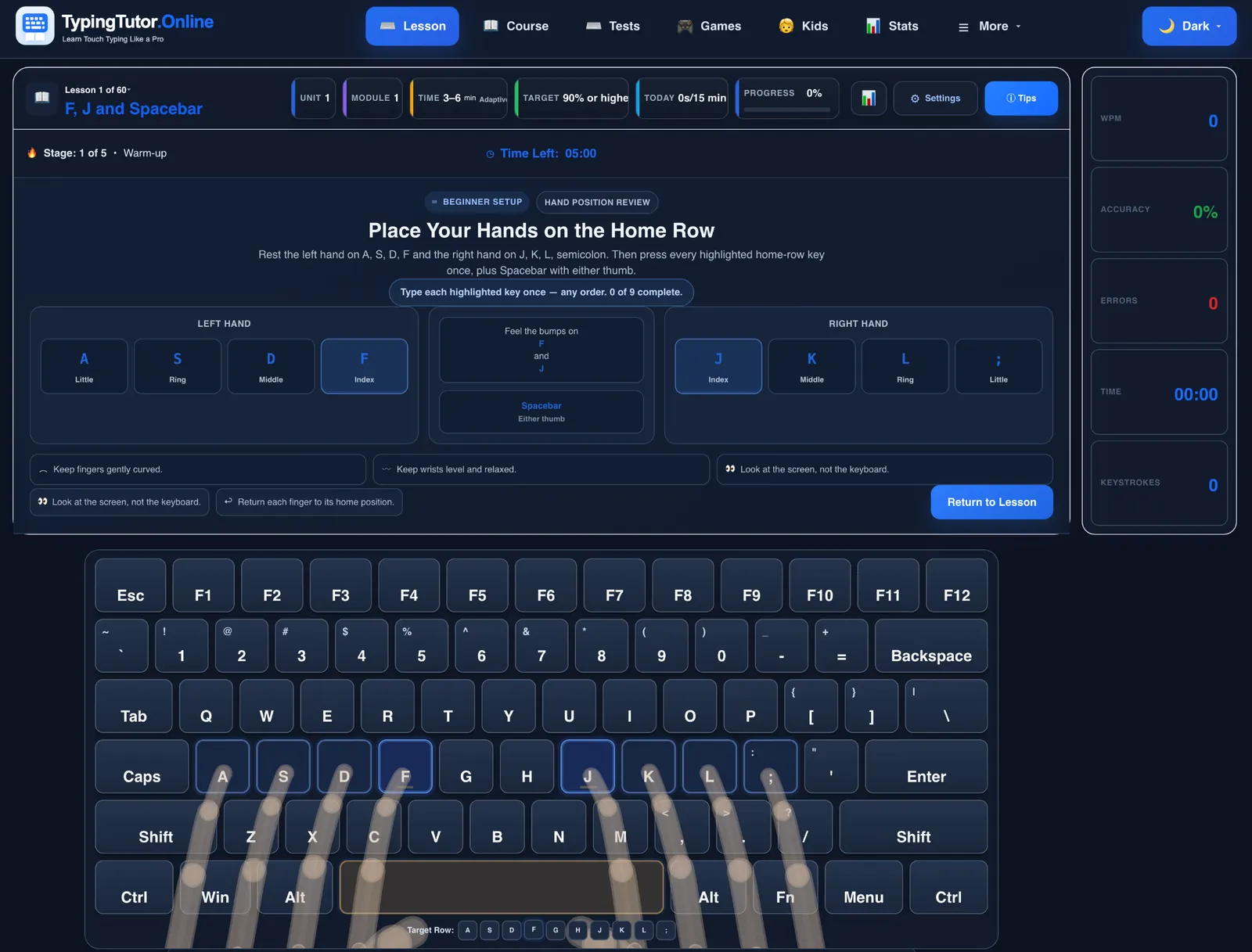 TypingTutor.Online first-lesson hand-position review with left A S D F and right J K L semicolon keys