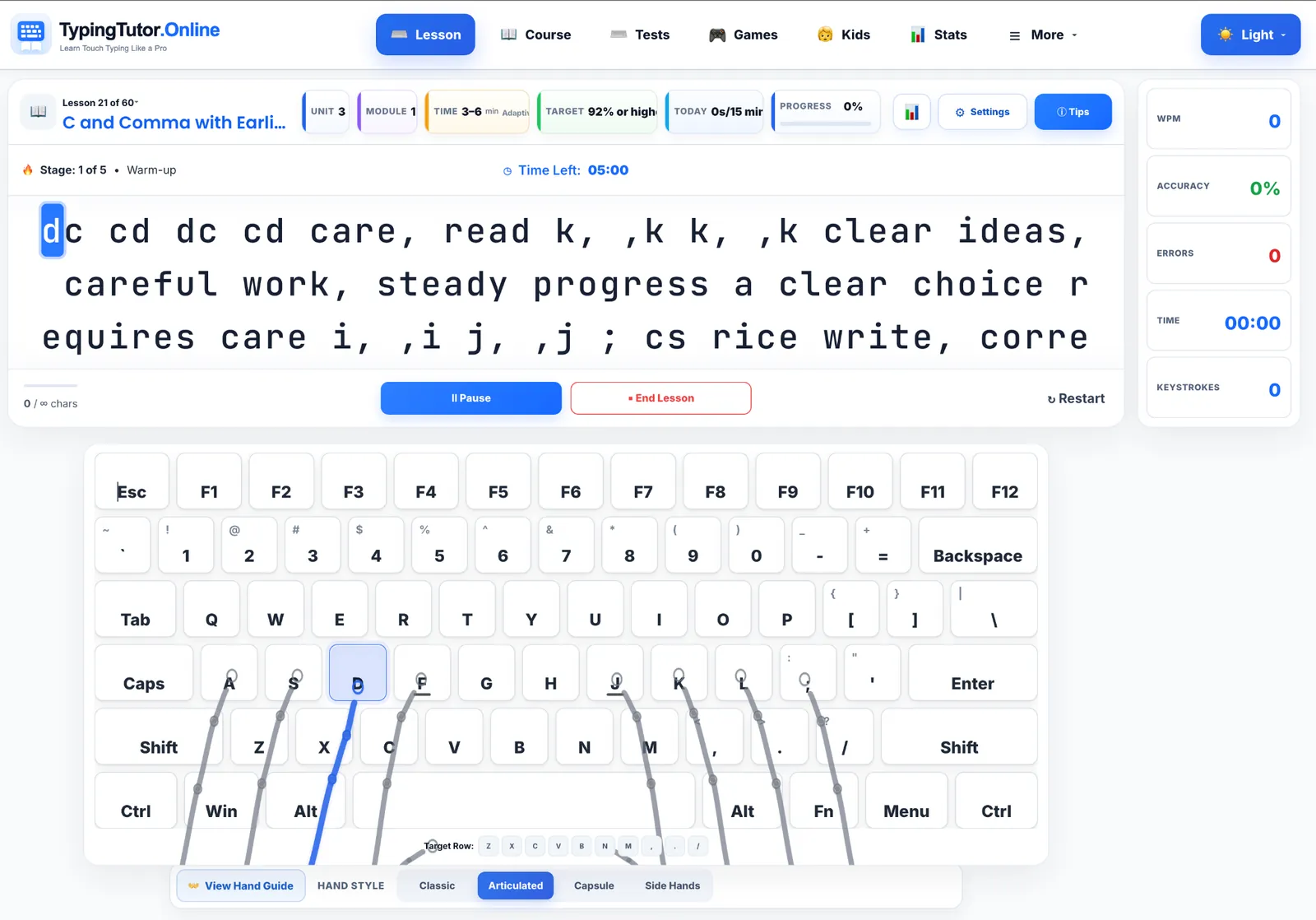 Articulated Hand Guide on TypingTutor.Online showing jointed finger paths over the keyboard