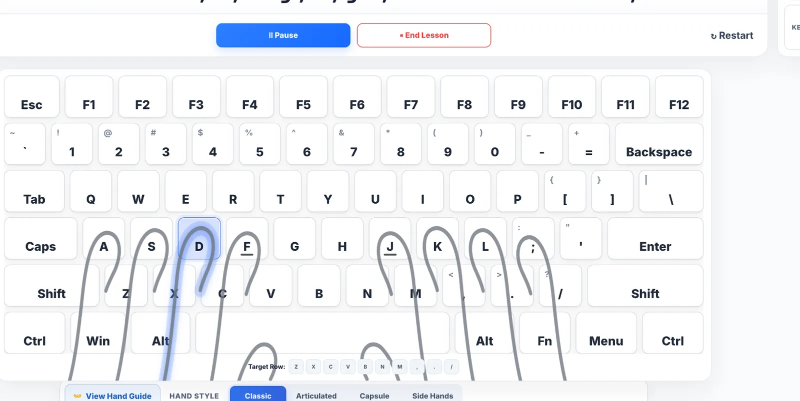 Classic Hand Guide lines extending from home-row fingers to an on-screen QWERTY keyboard