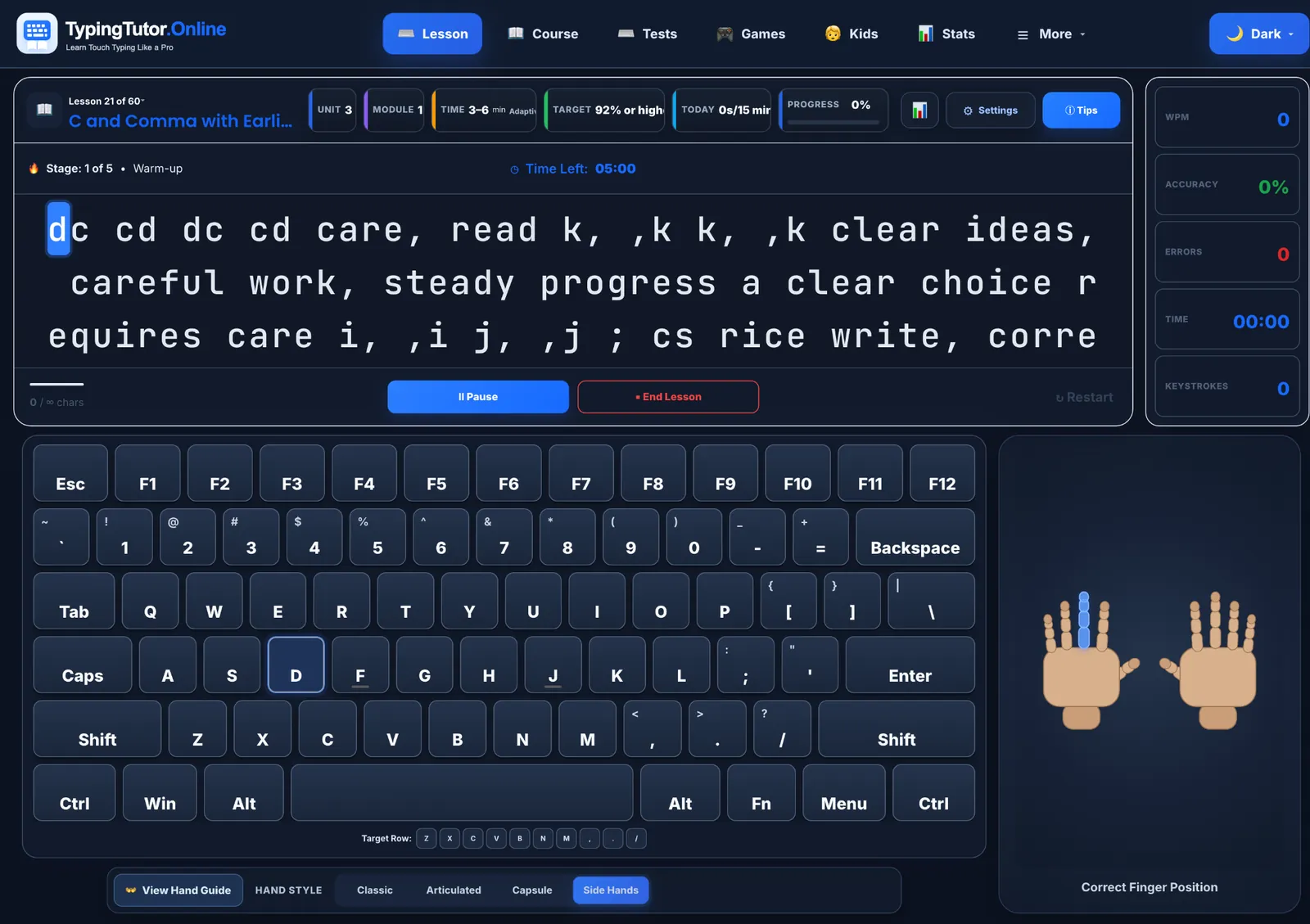 Dark theme TypingTutor.Online Side Hands display beside the on-screen keyboard