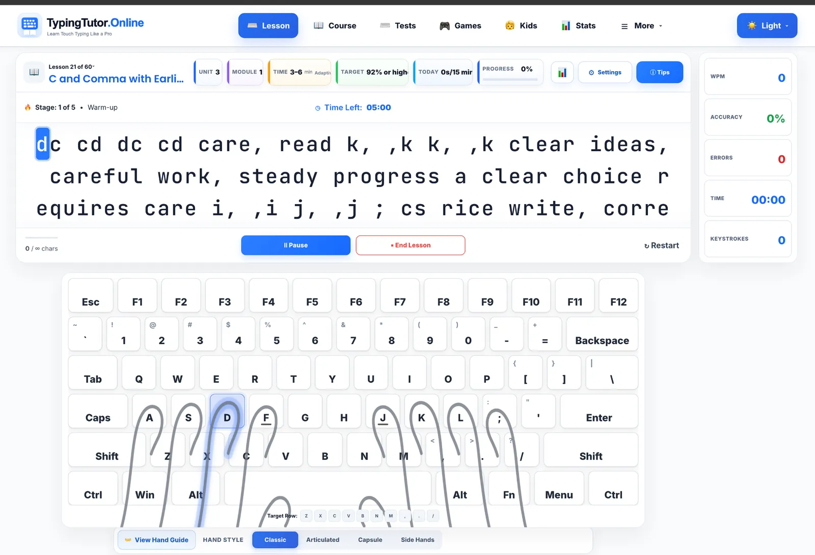 Live TypingTutor.Online lesson with a highlighted D key and Classic finger-to-key hand guide