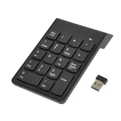 Black 18-key numeric keypad with a USB wireless receiver