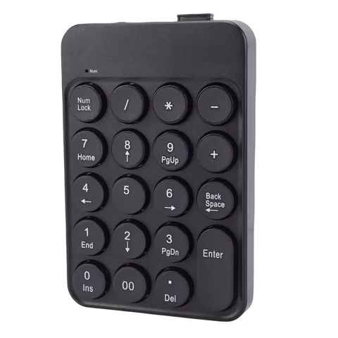 Black mini numeric keypad with round keycaps viewed from above