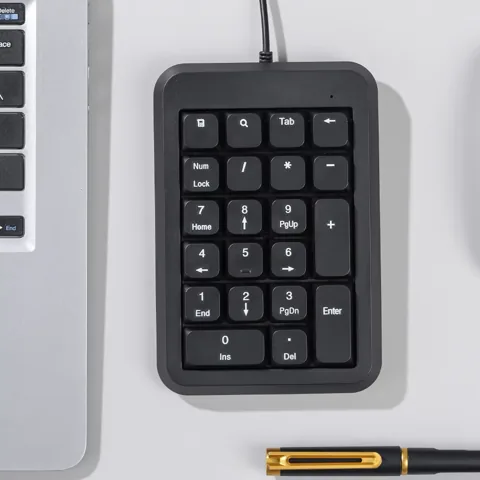 Black 21-key USB wired numeric keypad viewed from above