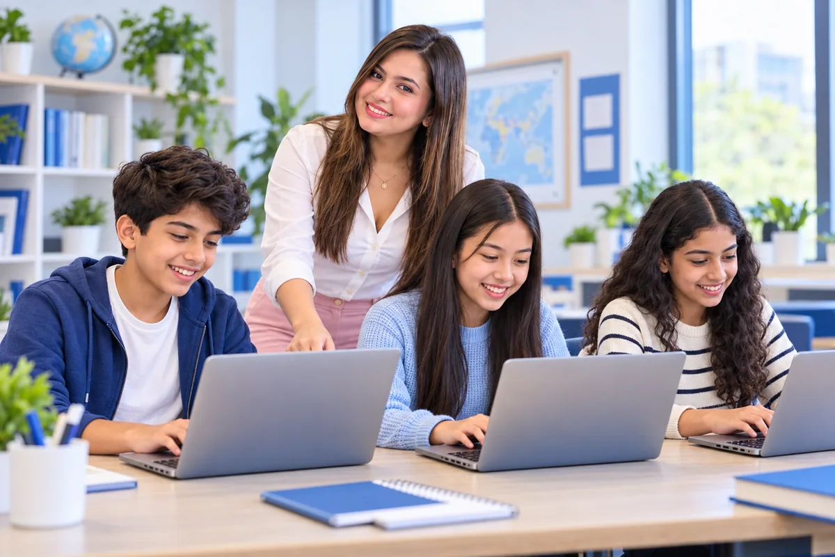 A teacher helping three students practise typing on laptops in a classroom